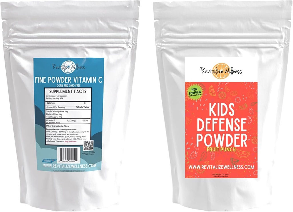 Bundle | Fine Powder Vitamin C, 454 Servings, and Kids Defense Powder (Fruit Punch), 120 Servings