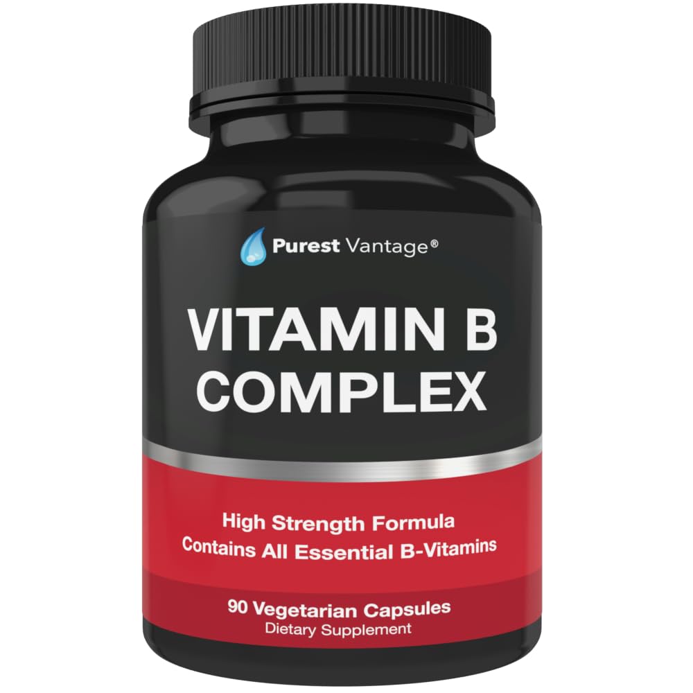 Vitamin B Complex Vitaminer B12, B1, B2, B3, B5, B6, B7, B9, Folinsyre - Super B Complex Vitaminer til kvinder, mænd, voksne - 90 Vegetariske kapsler
