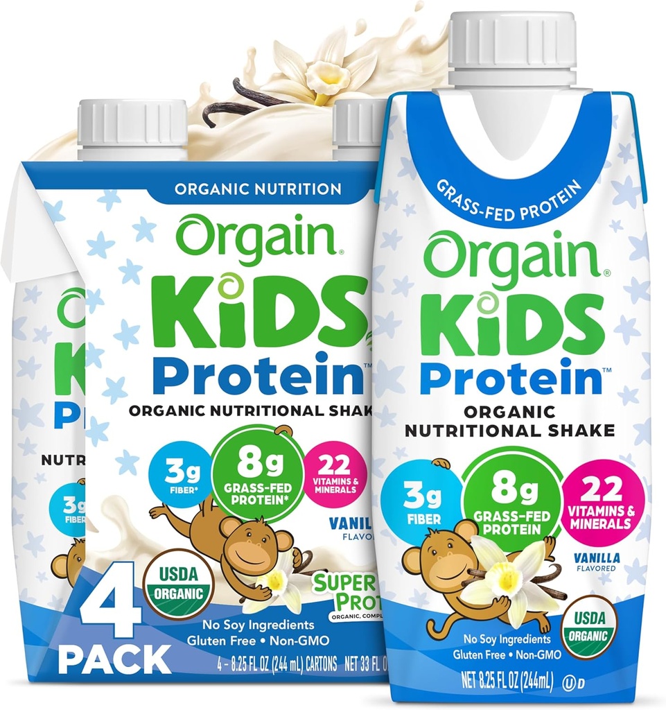 Orgain Organic Kids Protein Nutritional Shake, Vanilla - 8g Protein, 22 Vitamin & Mineraler, Frugter & Grøntsager, Gluten Free, Soy Free, Non- GMO, 8.25 Fl Oz (Pack of 4)