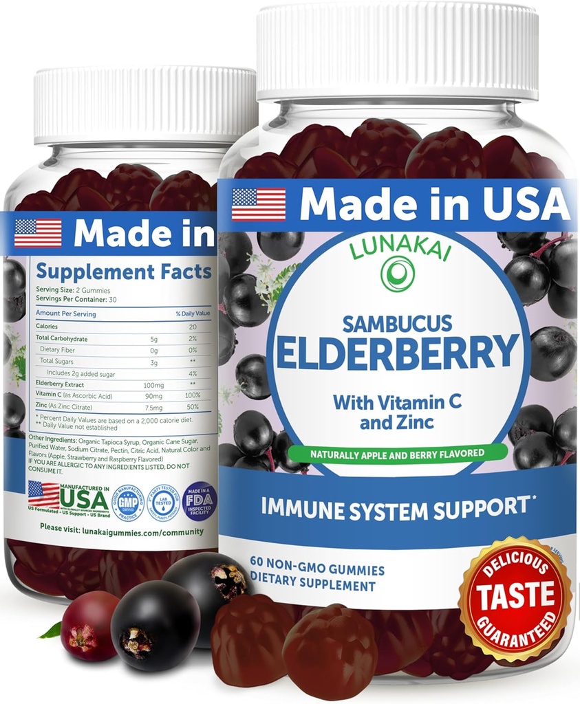 Lunakai USA Made Black Sambucus Elderberry Gummies for voksne & Børn med C-vitamin & zink - immunforsvar, antioxidanter, non-GMO, 60 Gummies