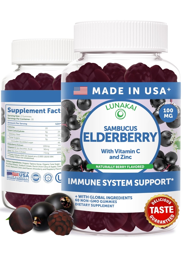 Lunakai USA Made Black Sambucus Elderberry Gummies for voksne & Børn med C-vitamin & zink - immunforsvar, antioxidanter, non-GMO, 60 Gummies