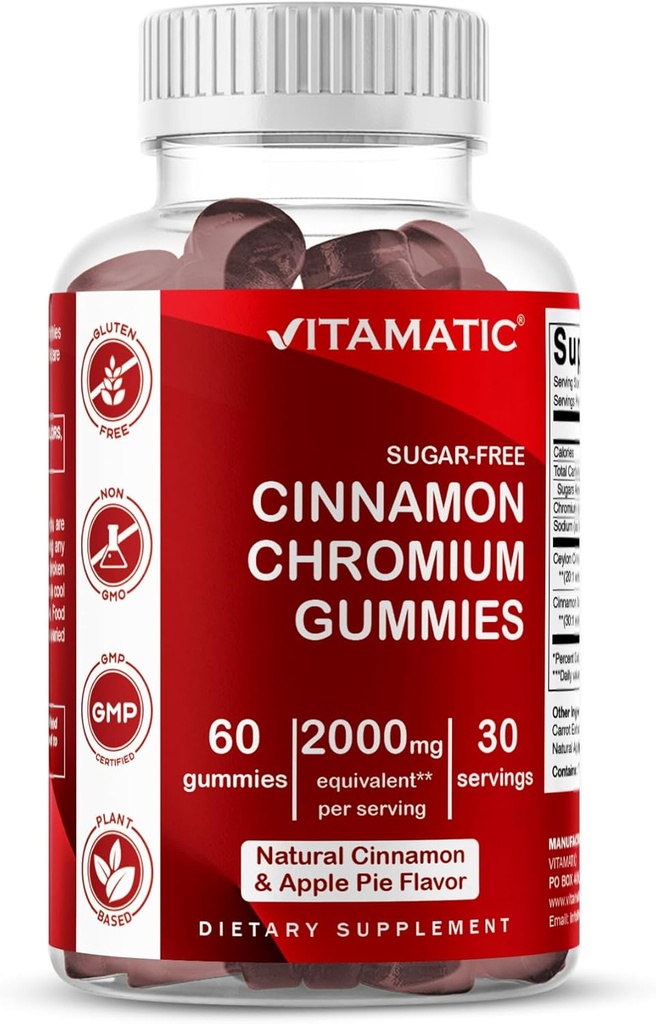 Vitamin Sugar- Free Chrom Gummies with Ceylon Cinnamon - 2000 mg Ækvivalent Per Serving (fra ekstrakt 83 mg) - Non- GMO, Gluten- Free - 60 Vegan Gummies