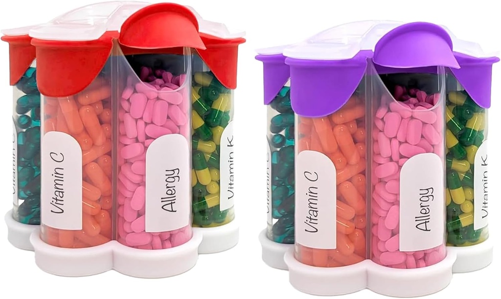 Ekstra Stor Pill Organizer Daglig, Ugentlig, Månedlig Supplement Flaske, Cute Blossom Pill Dispenser med 7 XL kompartmenter (2 Pack Combo) (lilla og rød)