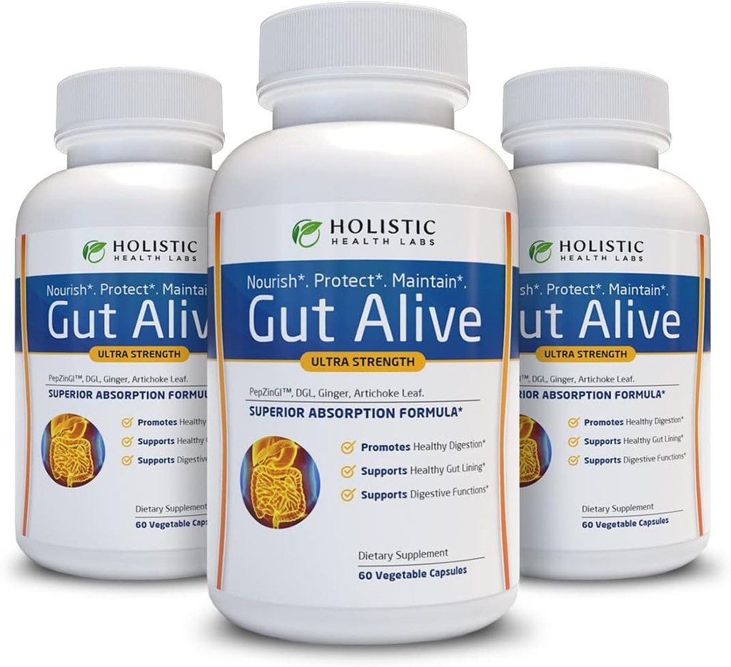 Gut Alive - All Natural Support to Fight IBS, Heartburn, Syre fordøjelsesbesvær, Syre Reflux, Bloating & Gas. Unik formering (60 Greve (Pack of 3))
