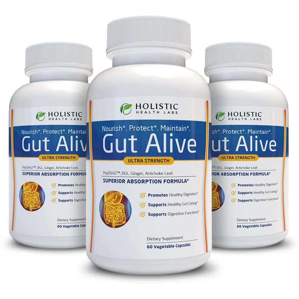 Gut Alive - All Natural Support to Fight IBS, Heartburn, Syre fordøjelsesbesvær, Syre Reflux, Bloating & Gas. Unik formering (60 Greve (Pack of 3))