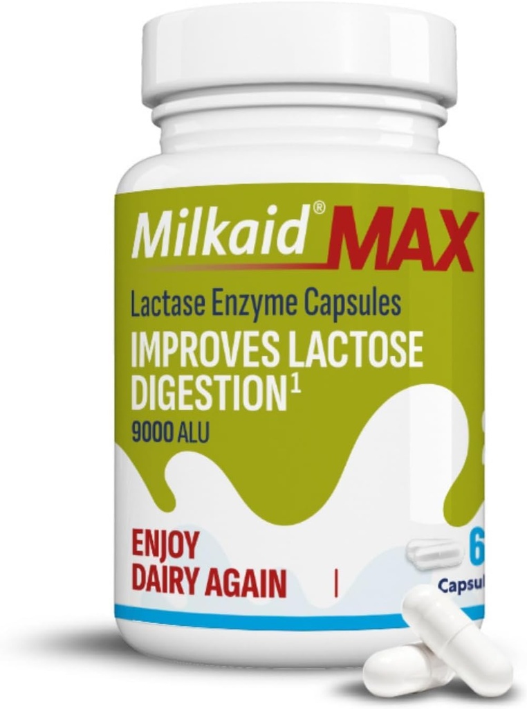 Milkaid Max kapsler for lactose tolerance Relief med Lactase Enzyme, Kosttilskud til at hjælpe forebygge gas, Bloating & Diarré På grund af lactose sensitivitetsteori