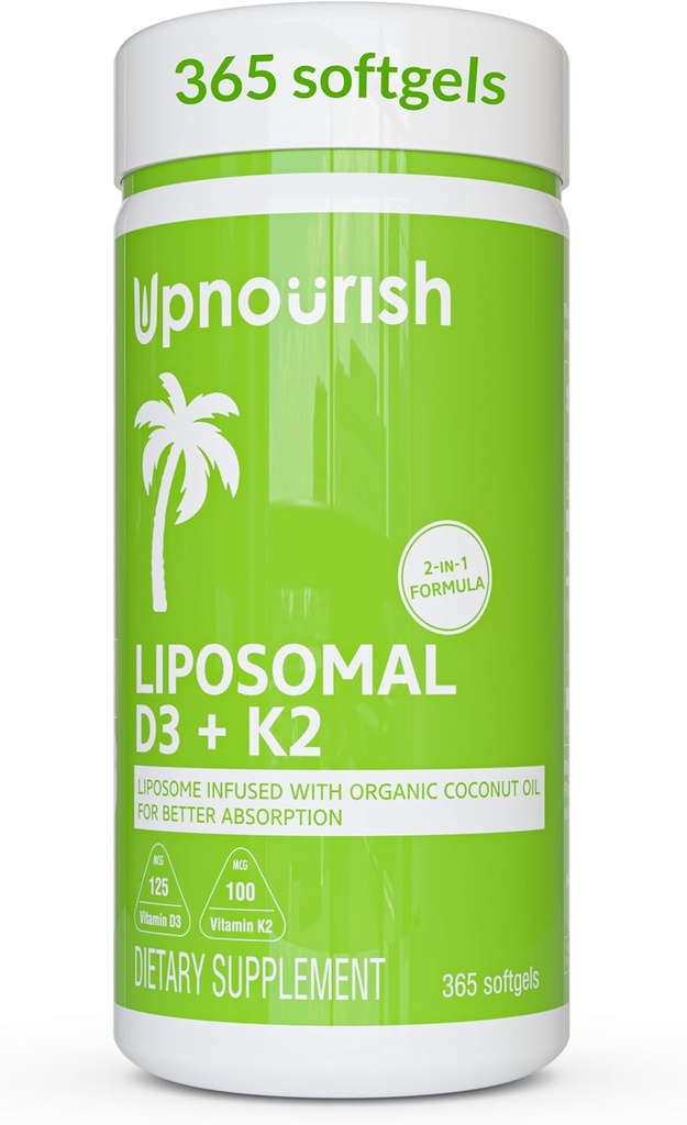 UpNourish Liposomal D3 & K2 MK- 7, Advanced Absorption for Optimal Bone og immunforsvar, Supplies 5000 IE 125 mcg vitamin D3 og 100 mcg vitamin k2 med organisk kokosolie, 365 Mini bløddele