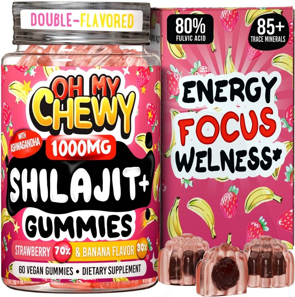 Pure Himalayan Shilajit Gummies - High Potency Gold Grade Resin - Energi Boost og immunforsvar for mænd og kvinder med Ashwagandha og Shatavari - 60 Gummy - Strawberry & Banana