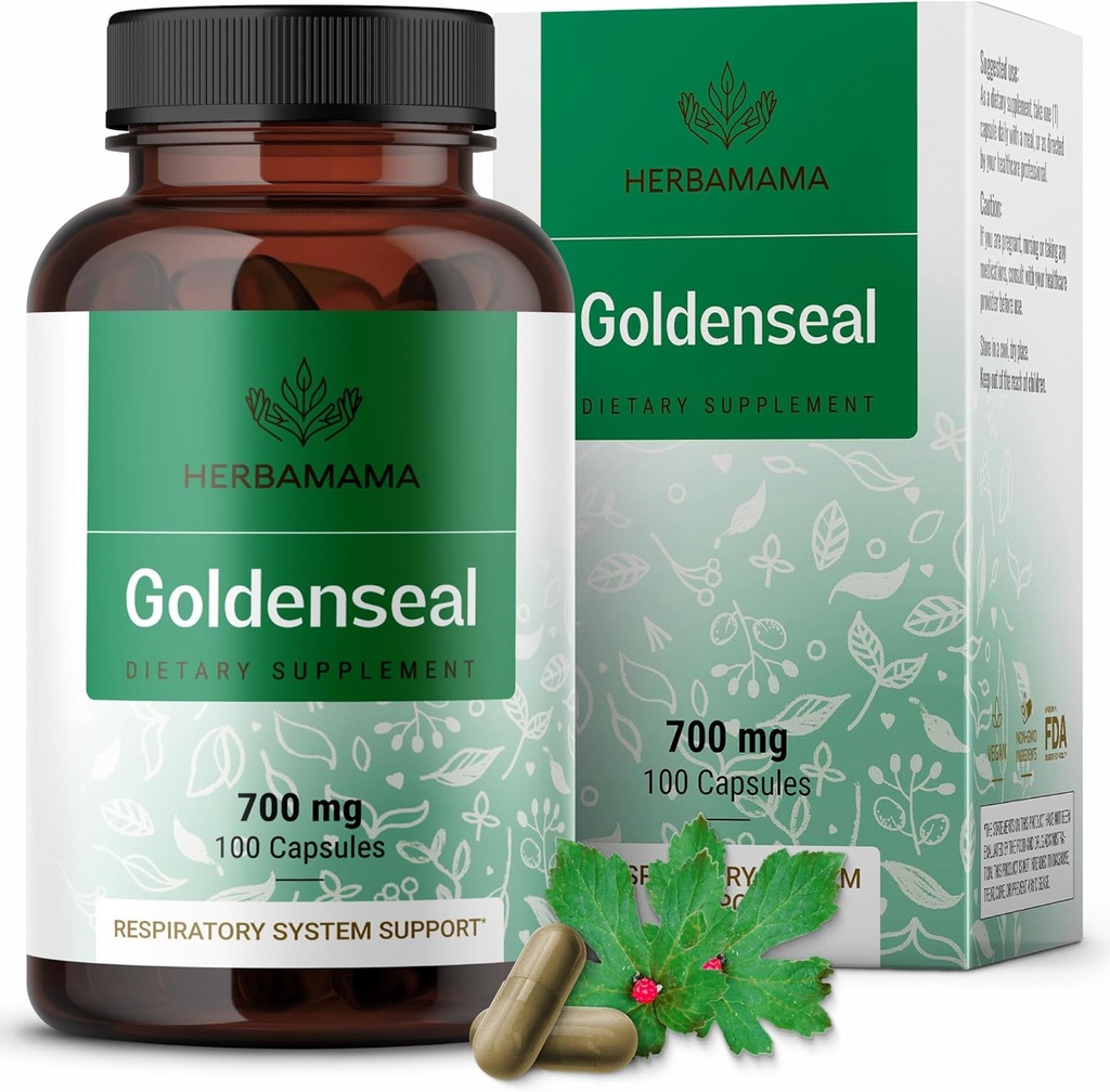 HERBAMAMA Goldenseal Root Capsules 700mg - Respiratory System & immunsupport med Goldenseal Powder Supplement - Vegan, Non- GMO