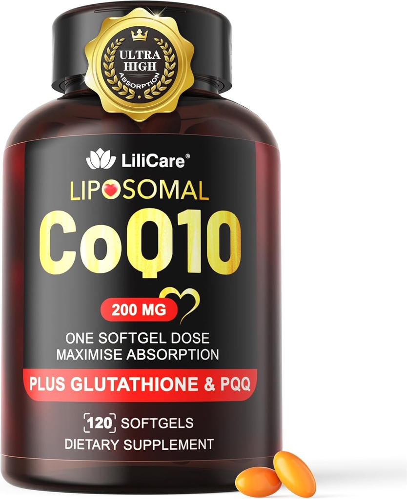 CoQ10- 200mg- Softgels, 120 Servere Liposomal CoQ10 PQQ & Black Pepper Extract for Maximum Absorption - Ultra Ubiquinone Coenzym Q10 Supplement kraftfulde antioxidant understøtter Hear- t & Energy Boost
