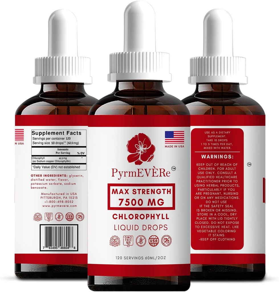 PyrmEvere Chlorophyll Flydende dråber - Made in USA, Mint Flavor, Flydende Chlorophyll Buddy 124; Energy Booster, Immunstøtte, Natural Deodorant, Højde Sygdom Relief Buddy 124; Ikke GMO & Vegan - 120 Servering