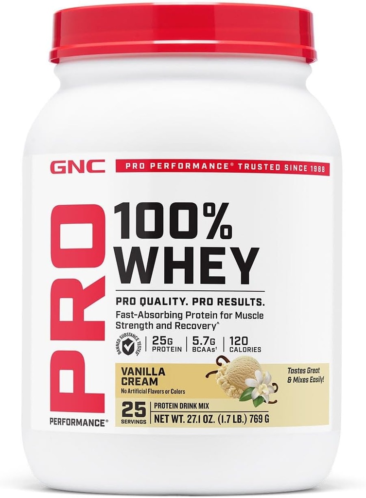GNC Pro Performance 100% Whey Protein Powder 2.0, Hurtig Absorbing for muskel styrke og inddrivelse, Vanilla, 25 Servere