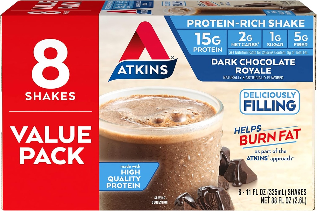 Atkins Gluten Free Protein- Rich Shake, Dark Chocolate Royale, Keto- Friendly, 8 Greve (pakke med 1)