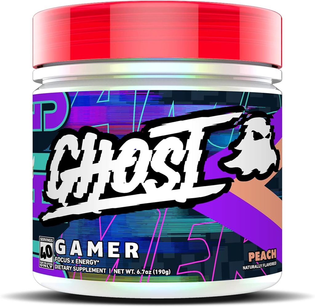 GHOST Gamer: Energi og Focus Support Formel - 40 Servere, Peach - Nootropics & Natural Coffein for Opmærksomhed, Nøjagtighed & Reaction Time - Vegan, Gluten- Free