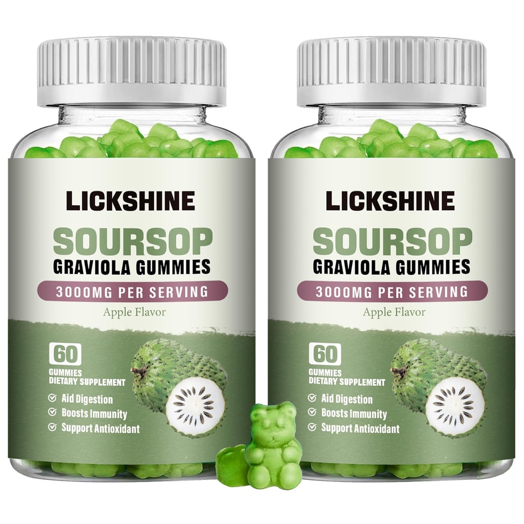 2 Pack Soursop Graviola Gummies - 3000mg Extra Strength Soursop blade supplement med C-vitamin, zink - fordøjelsesstøtte, immunforsvar & antioxidant - sukkerfri, ikke-GMO, Vegan, 120 tællinger
