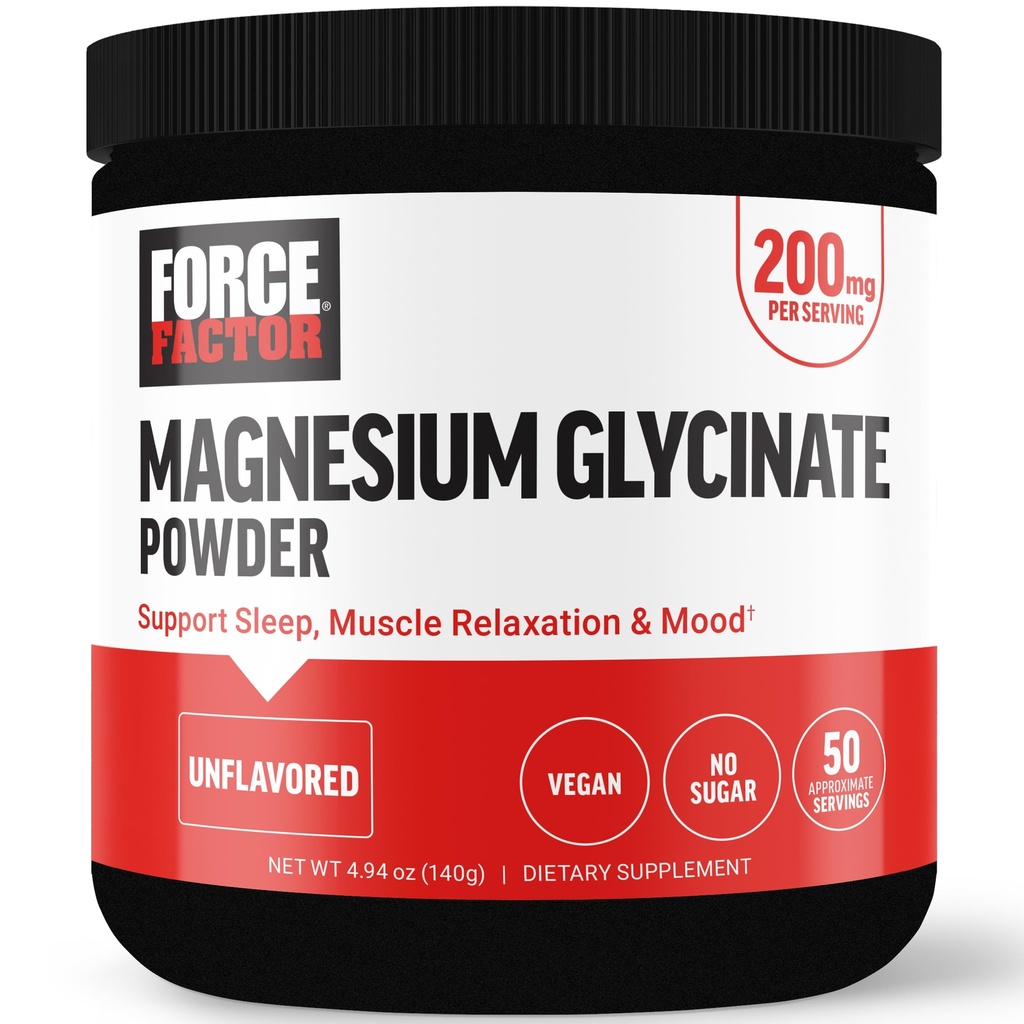 Force Factor Magnesium Glycinate 200mg, Magnesium Supplement for Women and Men to Support Sleep, Muscle Relaxation, and Mood, High Absorption, Vegan, 50 Servings