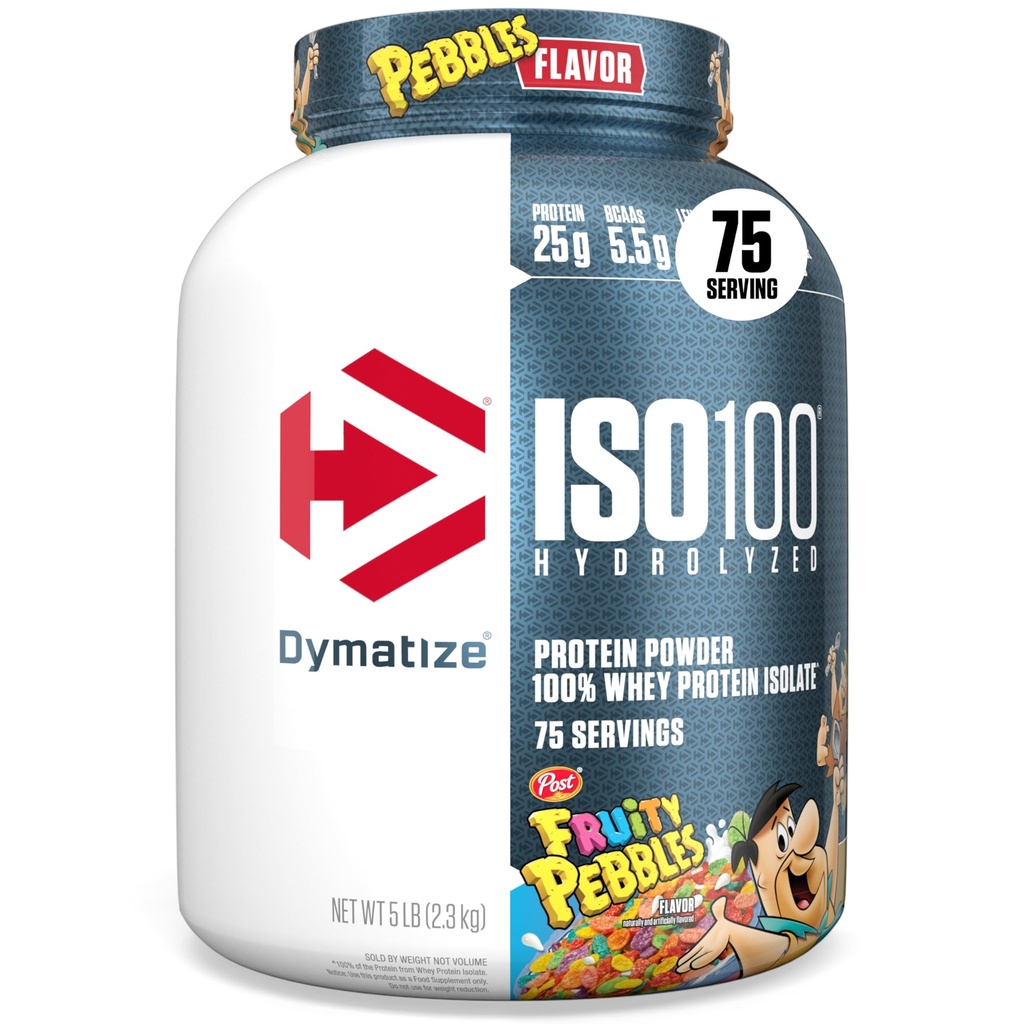 Dymatize x Fruity Småsten ISO100 Whey Protein Powder Isolate, 25g protein, 5,5g BCAA, 120 Cal., Gluten Free, 1g fedt, 1g sukker, 2g carb (75 Servere)