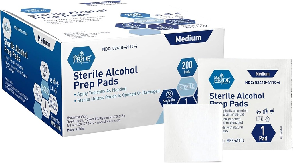 MED PRIDE Steril Alkohol Prep Pads, Antiseptisk, 70% isopropyl, individuelt indpakket, Medical Grade 2 Ply Wipes (200 Count (pakke med 1) Hvid)