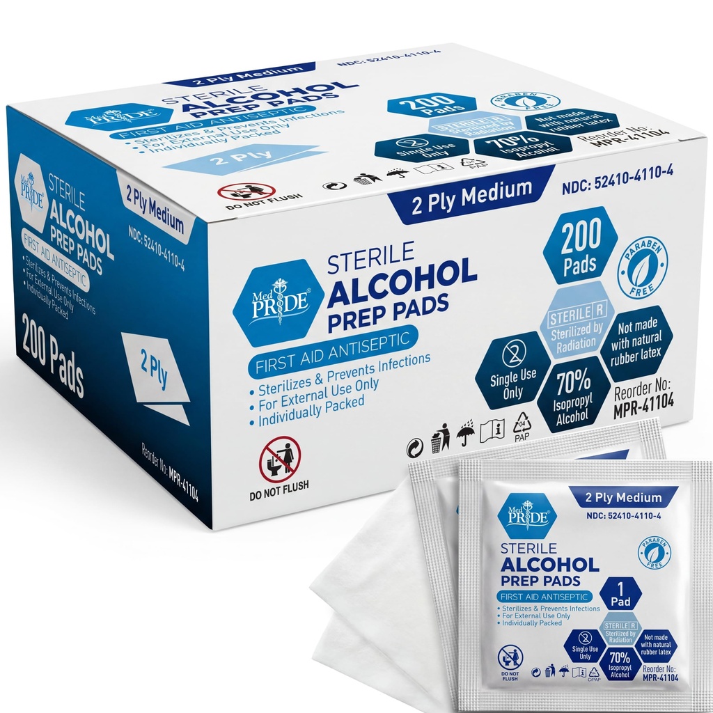 MED PRIDE Steril Alkohol Prep Pads, Antiseptisk, 70% isopropyl, individuelt indpakket, Medical Grade 2 Ply Wipes (200 Count (pakke med 1) Hvid)