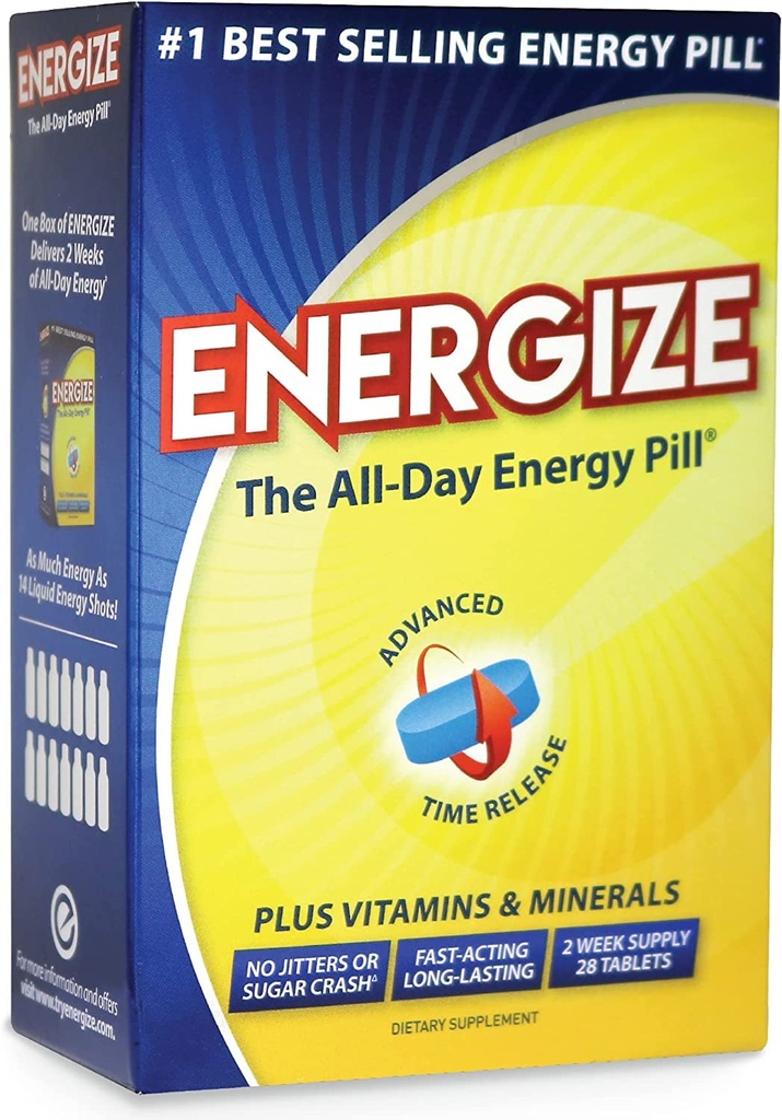 Energize Koffein Pills - Hurtig fungerende energipiller - Sund Focus Brain Supplement - Forbedret ydeevne, Alerness, og Klarhed - All Day Energy, No Jitters, No Crash - 28 Time Published Tablets