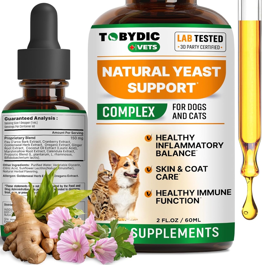 Natural Cats & Hund Gær Infektion Relief - Itchy Skin & Øre Behandling - Reducerer Irritation & Relieves Kløe og Allergi - Urtemedicin Drops Supplement - Made in USA