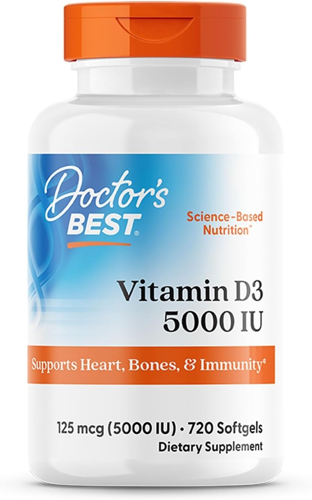 Doctor 's Best Vitamin D3, Capsule 5, 000 Iu for sunde knogler, tænder, hjerte og immunforsvar, non-GMO, gluten- fri, soja fri, 720 greve (pakke med 1)