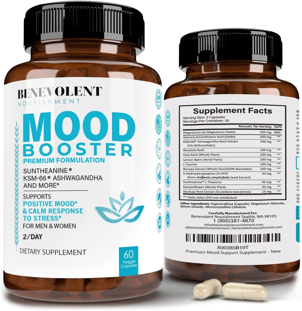 Calm Mood Booster Supplement - Natural Happy Pills for Stress, Sleep & Mood Support - Patenteret KSM- 66 ® Ashwagandha & Suntheanine ® L- Theanine, Rhodiola Rosea, Magnesium - 60 Greve
