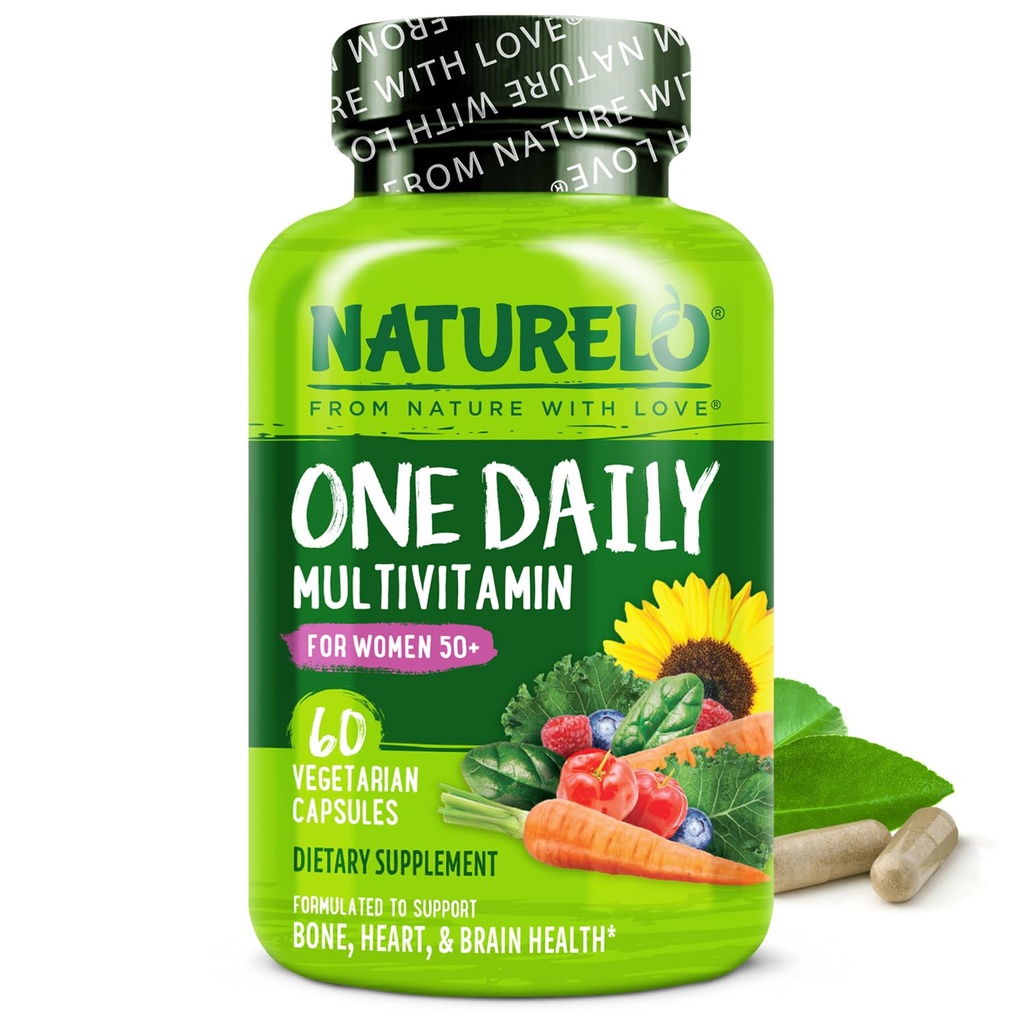 NATURELO Et dagligt multivitamin til kvinder 50 + (jernfri) - overgangsalder støtte til kvinder over 50 - hele fødevarer supplement - non-GMO - ingen soja - 60 kapsler - 2 måneders forsyning