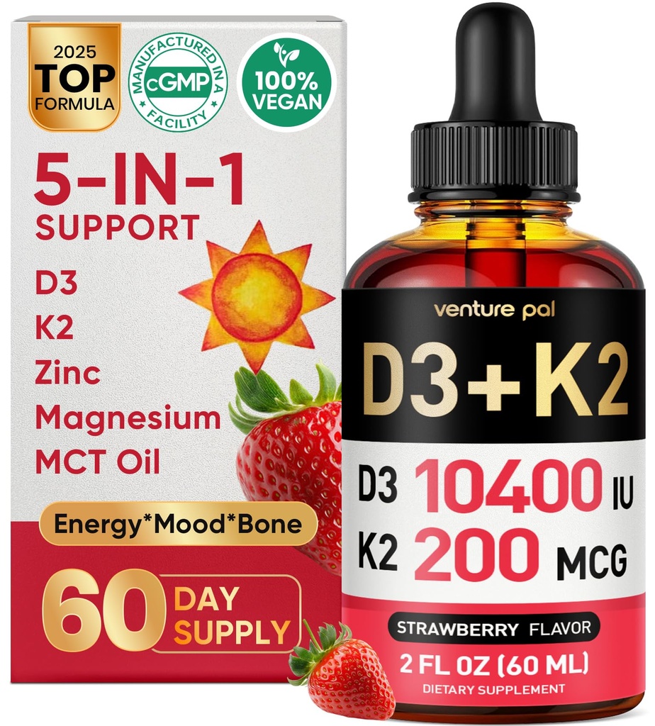 Venture Pal 5- in-1 D3 10000 IE & K2 som MK- 7 200mcg med Magnesium, MCT Oil, Zink, Sugar- fri D-vitamin Flydende 124; Maksimal Absorption for ben, Mood & immun Health - 2 FL OZ, 67 dage