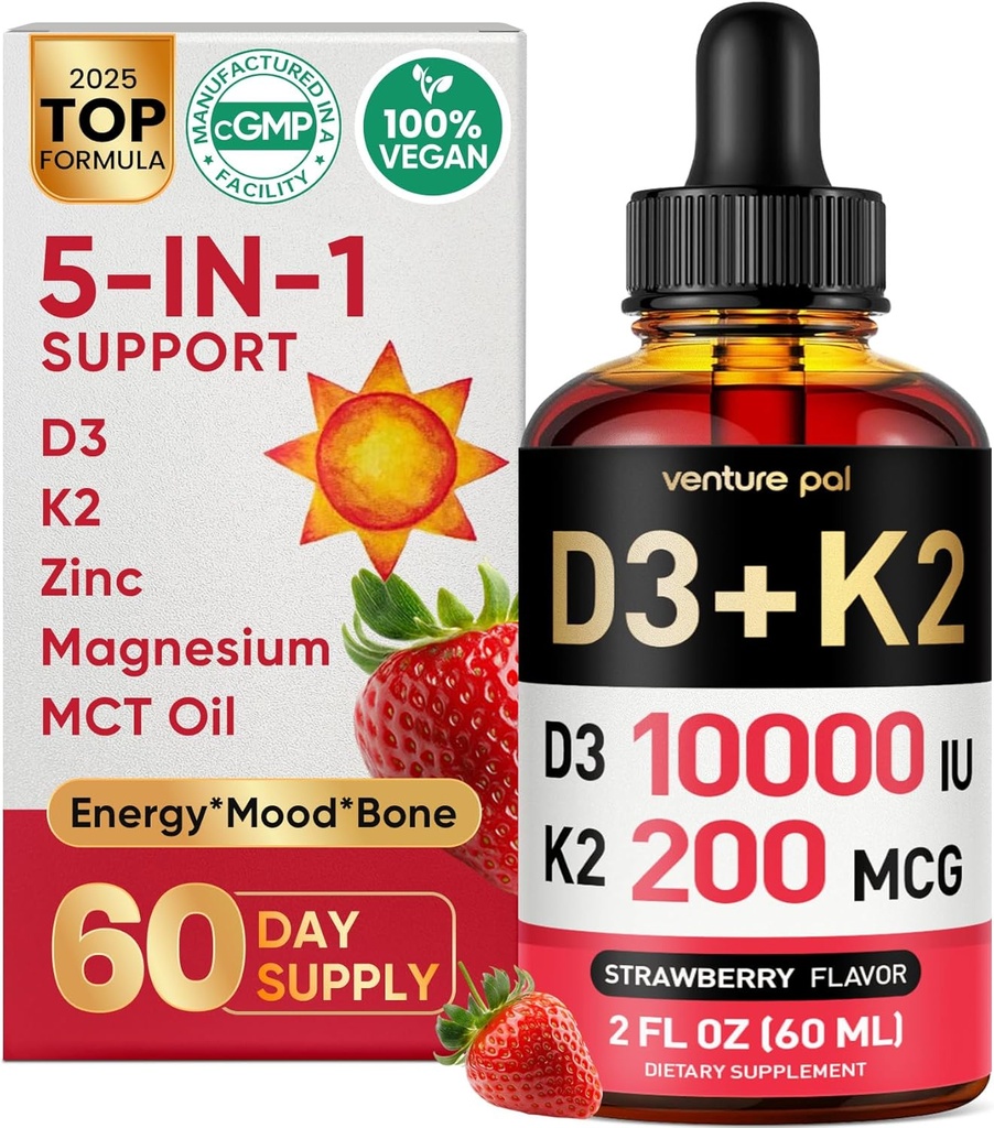 Venture Pal 5-in-1 Vitamin D3 10000 IU & K2 as MK-7 200mcg with Magnesium, MCT Oil, Zinc, Sugar-Free Vitamin D Liquid |Maximum Absorption for Bone, Mood & Immune Health - 2 FL OZ, 60 Days