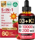 Venture Pal 5- in-1 vitamin D3 10000 IE & K2 som MK- 7 200mcg med Magnesium, MCT Oil, Zink, Sugar- fri D-vitamin Liquidation 124; Maksimal Absorption for ben, mood & immunforsvar - 2 FL OZ, 60 dage