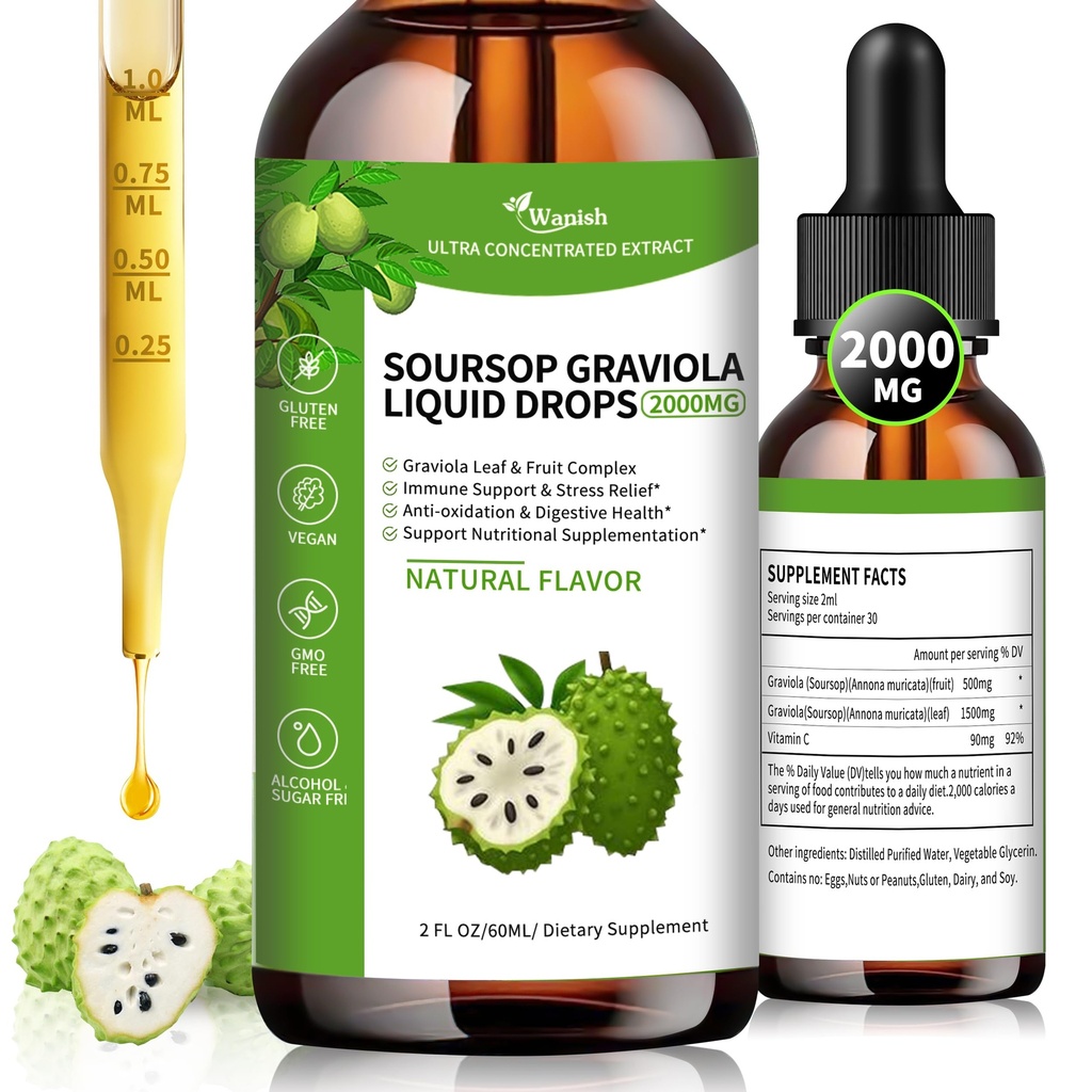 Wanish Organic Soursop Graviola Liquid Drop,Sour SOP Bitters Liquid for Cell Support & Regeneration, Immune Boost, Liver and Sleep, Herbal Goodness, Sugar/Gluten Free, Natural Flavor, 2 Fl Oz