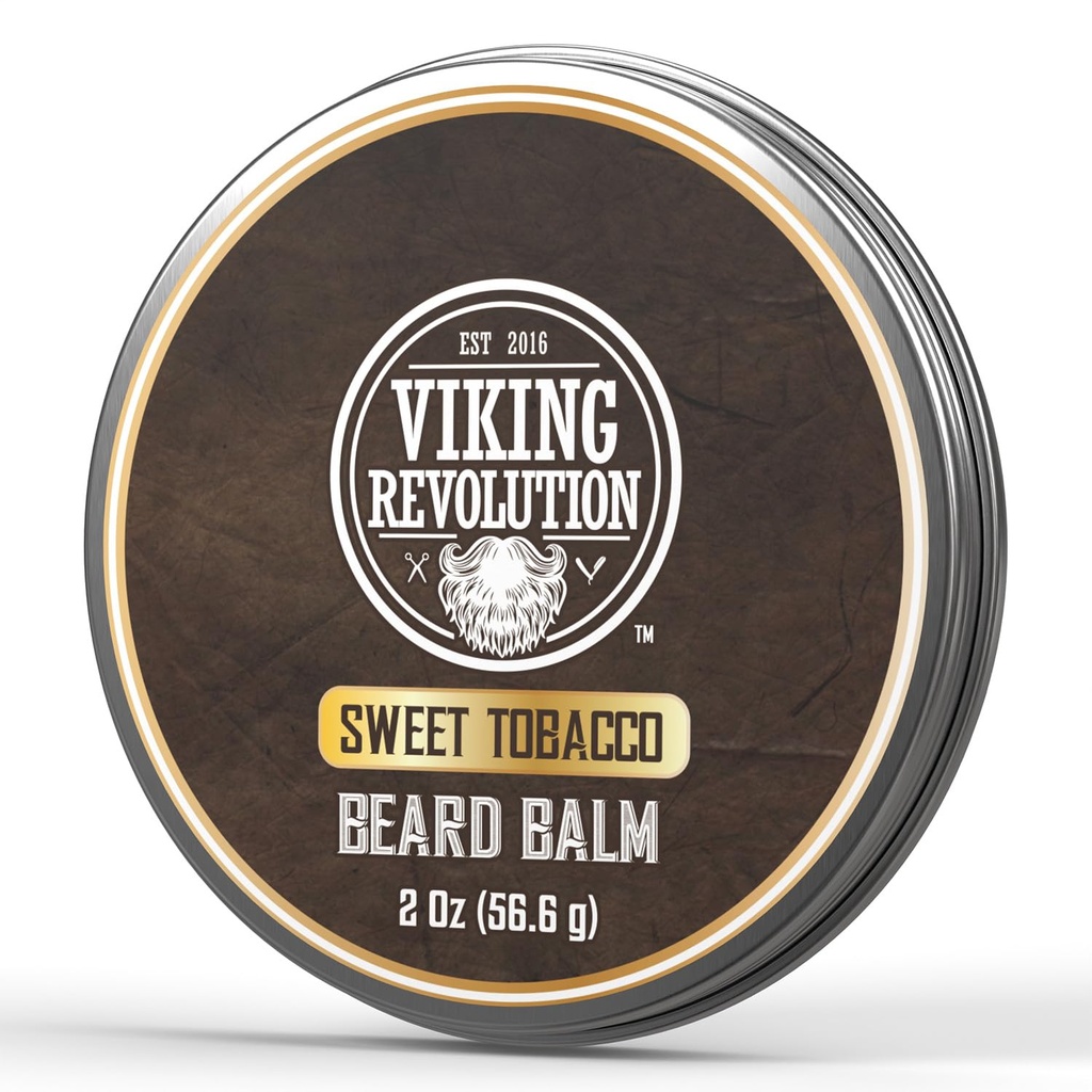 Viking Revolution Sweet Tobacco Beard Balm - Tobacco Scoted Beard Smør med Argan Oil & Jojoba Oil - Softens og Fugt Beards for Mænd (2oz, 1 Pack)