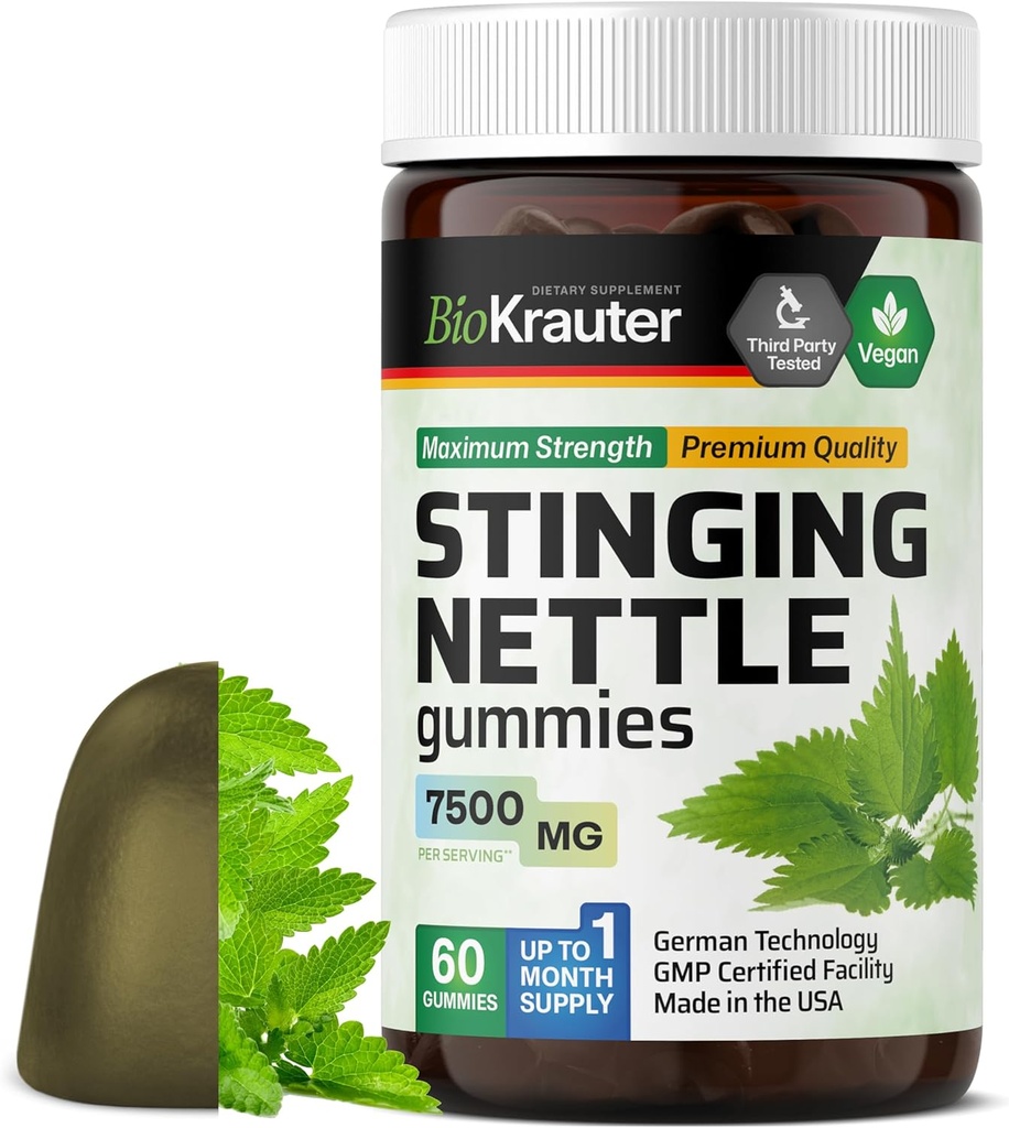 BIO KRAUTER Stinging Nettle Gummies - 7500 mg Styrke - 60 Tyre - Nettle Root 10: 1 Uddrag - Urintilskud Supplement - Vegansk Gummies Gelatinfri formel