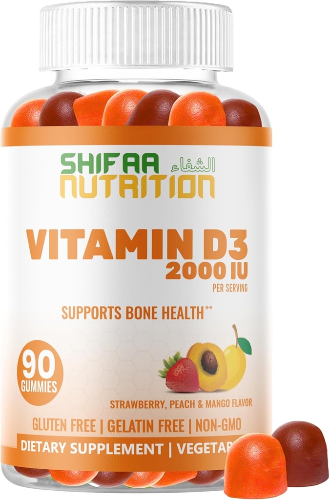 SHIFAA NUTRITION Vegetar Vitamin D3 Gummies for voksne & Kids Note 124; 45- 90 Servering, 2,000IE / 1,000IE