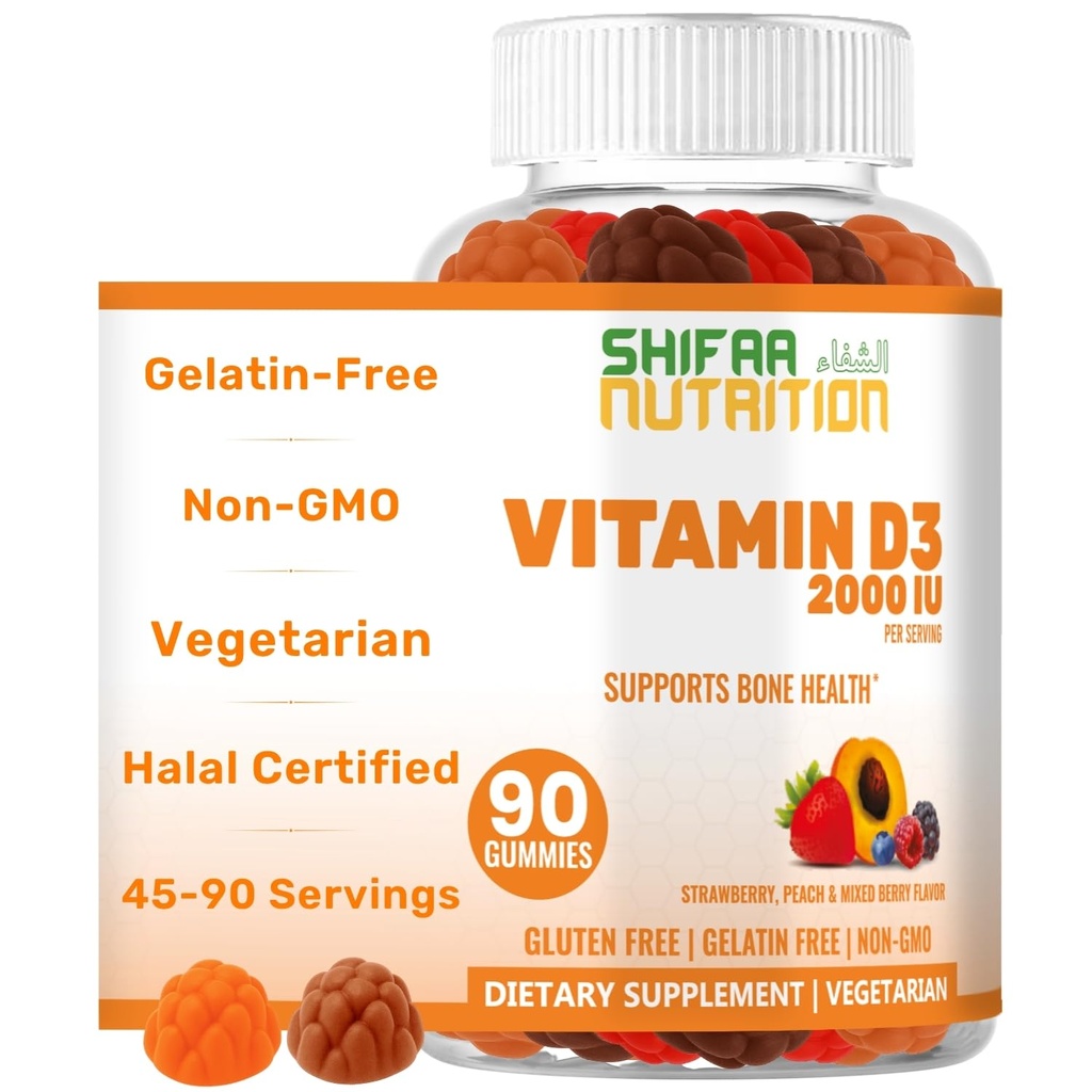 SHIFAA NUTRITION Vegetar Vitamin D3 Gummies for voksne & Kids Note 124; 45- 90 Servering, 2,000IE / 1,000IE