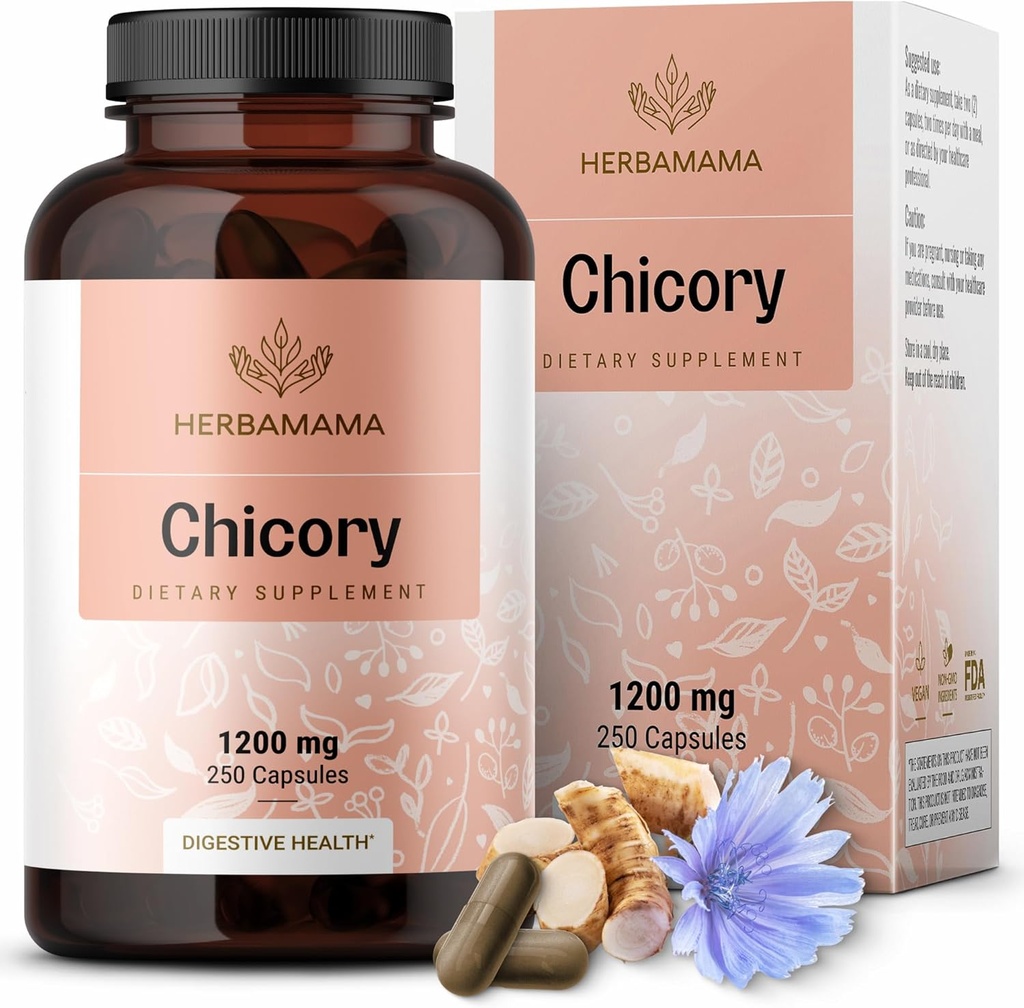 HERBAMAMA Chicory Root Fiber kapsler - 1200mg Chicory Root Powder til Gut Cleanse & fordøjelsesstøtte - Vegan, non- GMO inulin Prebiotic Fiber supplement