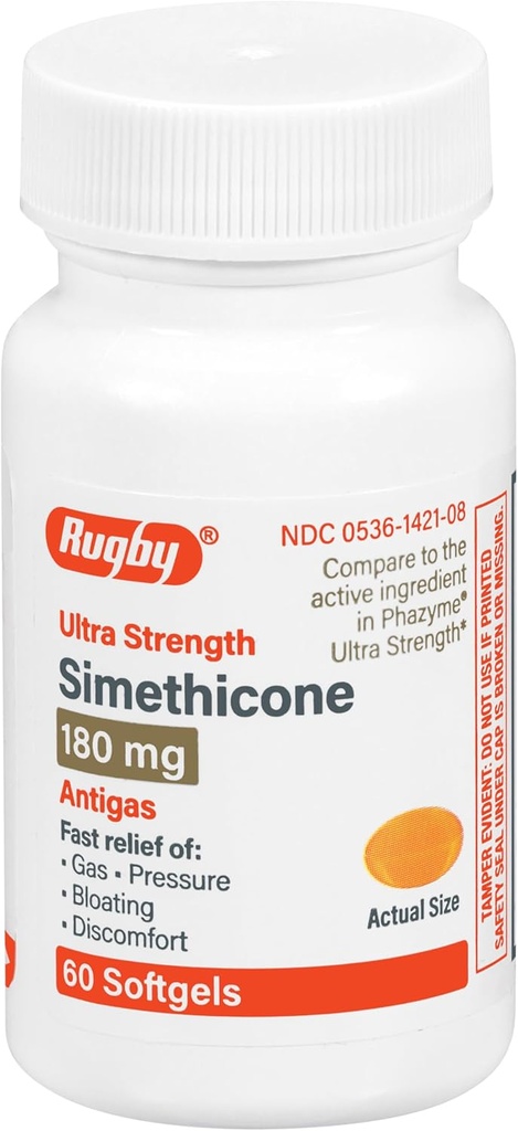 Rugby Ultra Strength Simeticone Gas Relief 180 mg - Maksimal Gas Relief for voksne - Kan hjælpe med symptomer på flatulens, Bloating, Gas Fullness - 60 Softgels (1 pakke)