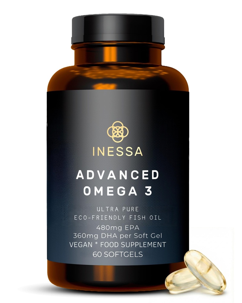 Omega 3 Fiskeolie 1200mg (480mg EPA / 360mg DHA per kapsel) Høj styrke, Ultra Pure, Miljøvenlig 60 kapsler, 2 Måneder Tilgang. GMP & venner af havet certificering