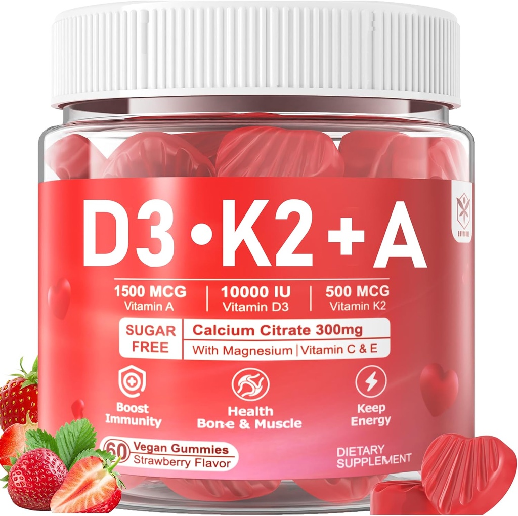 Vitamin D3 10000iu + K2 MK7 + A Gummies med Calcium Magnesium Zink til kvinder og mænd, høj potens ADK Vitamin supplement understøtter sundt immunsystem, ben og vision funktion, Sukker Free 120 Cts
