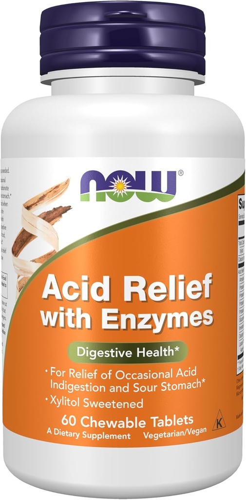 Now Foods Supplements, Acid Relief med enzymer, Xylitol sødet, fordøjelsessygdomme *, 60 tyggetabletter