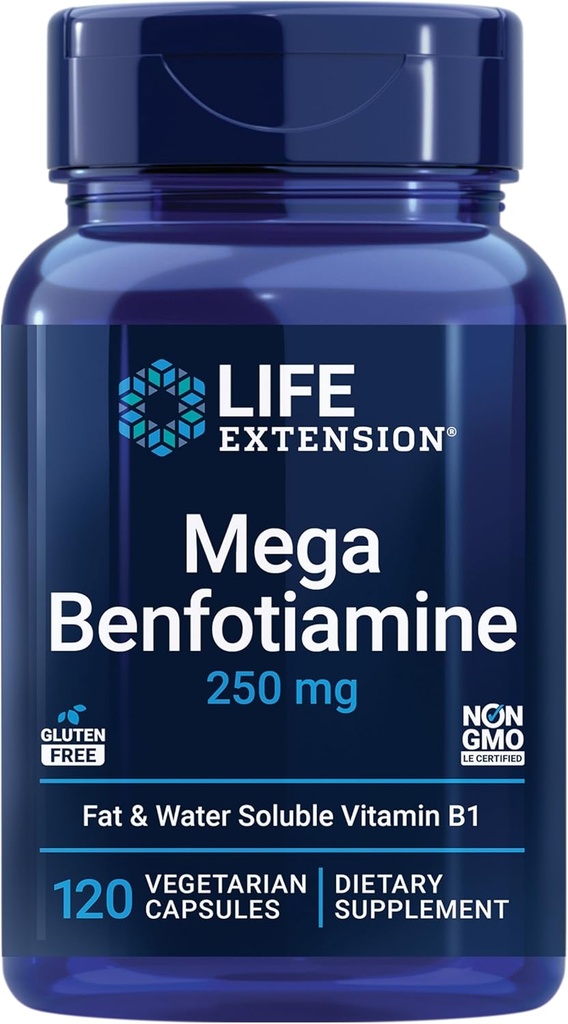 Life Extension Mega Benfotiamin, 250 mg, en fatal - opløselig form af thiamin, sund metabolisme, ultrabiotilgængelig vitamin B1, høj potens, Gluten- fri, ikke- GMO, vegetar, 120 kapsler