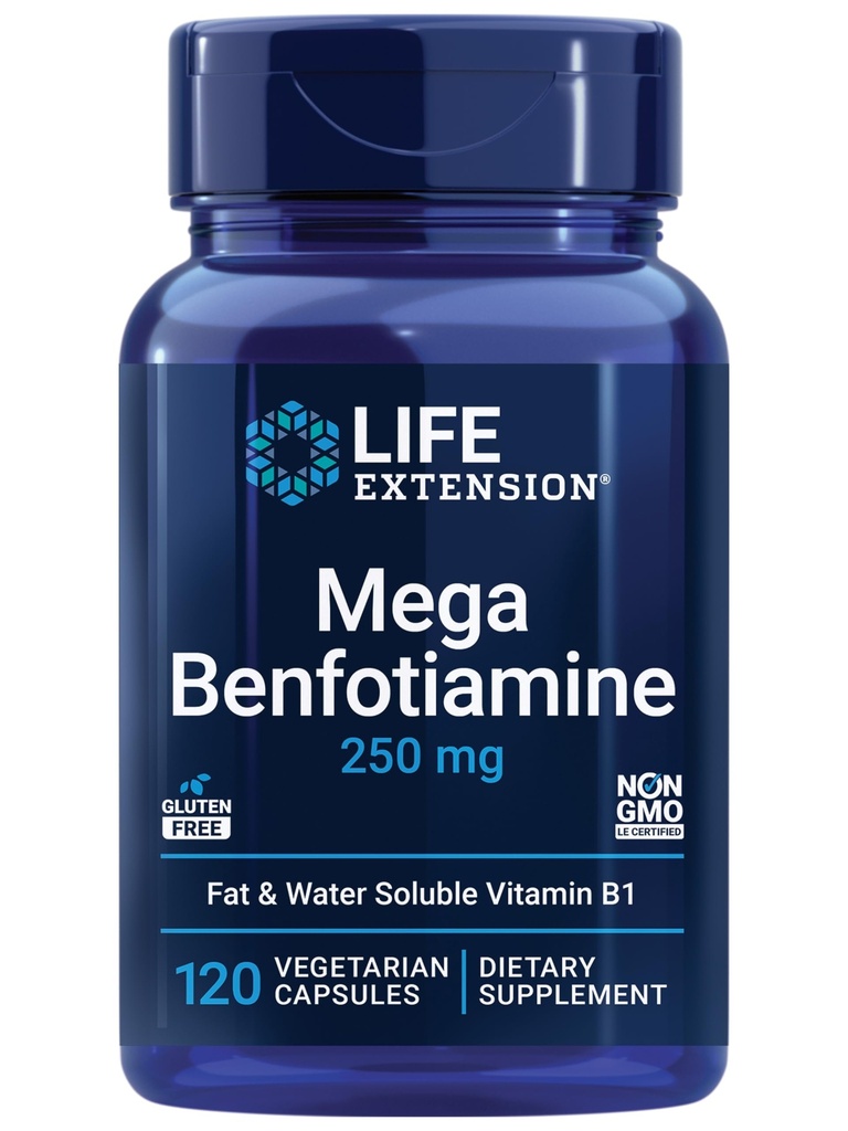 Life Extension Mega Benfotiamin, 250 mg, en fatal - opløselig form af thiamin, sund metabolisme, ultrabiotilgængelig vitamin B1, høj potens, Gluten- fri, ikke- GMO, vegetar, 120 kapsler