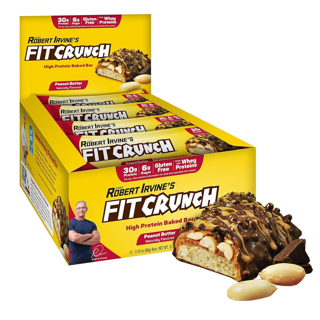 FITCRUNCH Proteinstænger i fuld størrelse, 6-lag bagt bar, 6g sukker, Gluten Free & Soft Cake Core (12 barer, jordnøddesmør)