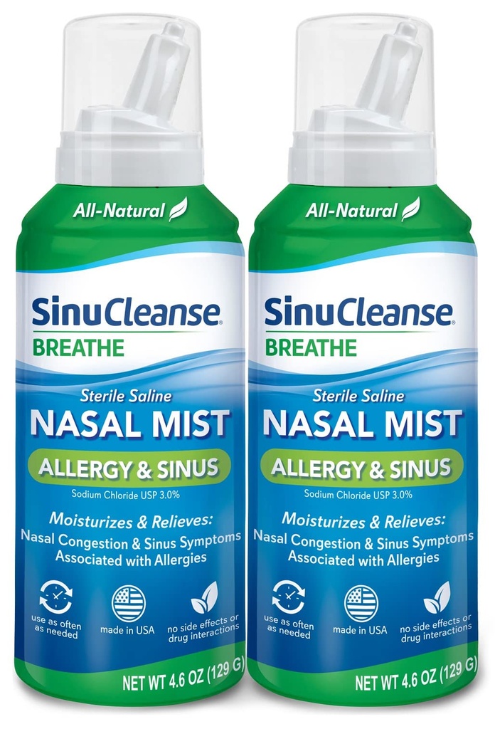 SinuCleanse Allergi & Sinus Steril Saline Nasal Spray, Ultra Fine Mist, Straks fugtgivende & Relieves Svær Nasal Congestion På grund af Allergier, 4.6 Oz (2 Pack), Made in USA