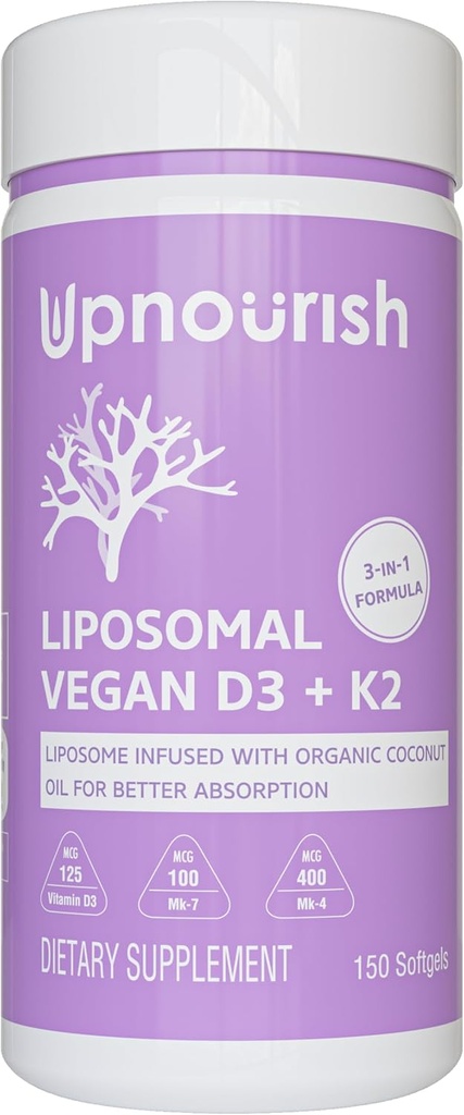 OpNourish Certified Vegan Vitamin D3 5000 IE K2 MK4 MK7 500 mcg Supplement, 150 Softels, Plant Based Liposomal Vitamin D K med Organic Coconut Oil, Non GMO, Gluten og Gelatine Free