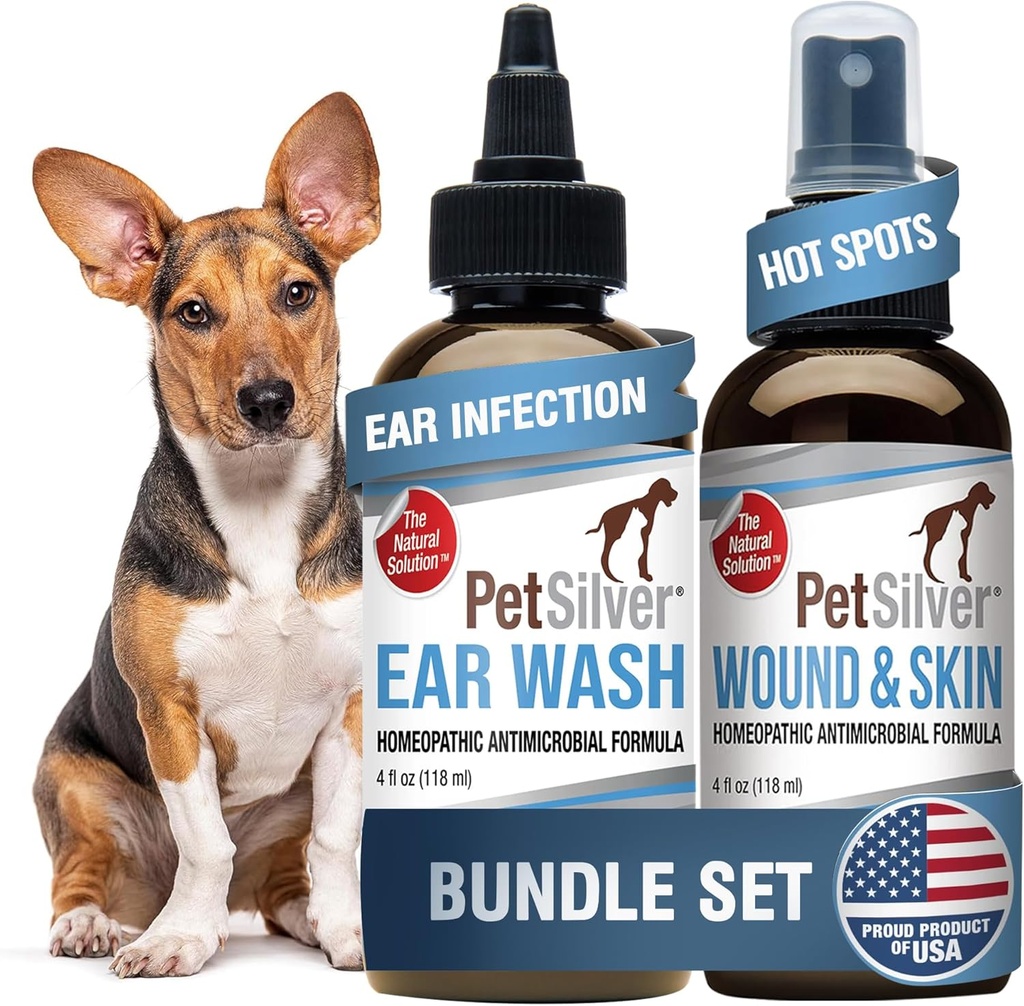 PetSilver - Sår & Skin Spray (4 fl oz) og Ear Wash (8 fl oz) med Patenteret Chelated Sølv - Sår Care, Hot Spot, & Itch Relief Spray - Øre renere og behandling for katte og hunde - Made in USA