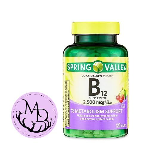 Generisk Spring Valley, Vitamin B12 2500 mcg, B12 Quick- Opløs Cherry Flavor tabletter Kosttilskud, Vitamin B12, 120 Count + DRI Store + Sticker