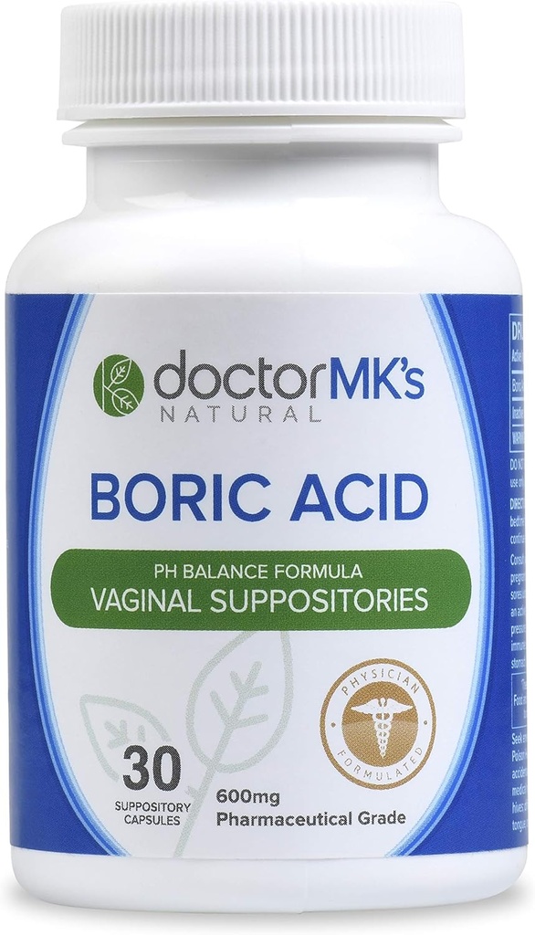 læge MK 's naturlige borsyre suppositorier (600mg) for sund feminin pH støtte. 30 Vaginal suppositorier