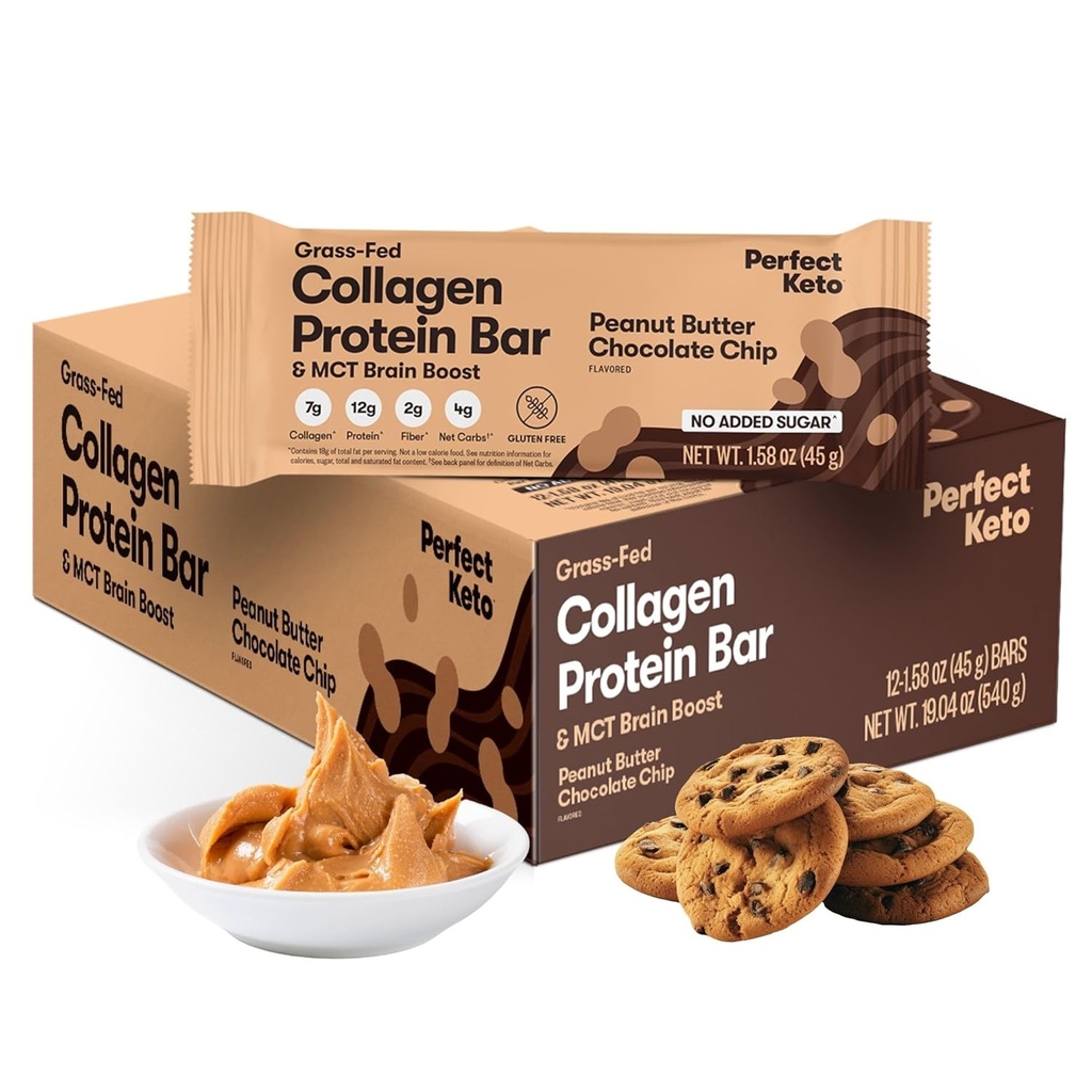 Perfekt Keto Collagen Protein Bar, Gluten Free Grass Fed Collagen + MCT Olie, Lav Carb, Ingen Sukker Tilføjet, Høj Protein Snacks, Keto Diet fødevarer, 13g Protein, 18g Fedt, 3g Net Carbs, Jordnøddesmør Chokolade Chip, 12 Barer